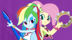 Size: 1280x720 | Tagged: safe, screencap, fluttershy, rainbow dash, equestria girls, g4, my little pony equestria girls: rainbow rocks, shake your tail, female, guitar, musical instrument, tambourine