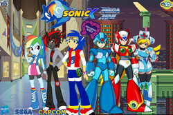 Size: 900x600 | Tagged: safe, artist:trungtranhaitrung, rainbow dash, equestria girls, g4, anniversary, capcom, cinnamon, crossover, hasbro, logo, male, megaman x, sega, shadow the hedgehog, sonic the hedgehog, sonic the hedgehog (series), zero