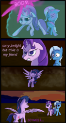 Size: 1024x1877 | Tagged: safe, artist:vincentjiang0v0, starlight glimmer, trixie, twilight sparkle, alicorn, pony, g4, angry, barrier, butt, captain america: civil war, comic, crying, female, fight, floppy ears, frown, glare, gritted teeth, lesbian, magic, mare, out of character, plot, sad, ship:startrix, shipping, spread wings, twilight sparkle (alicorn), wide eyes