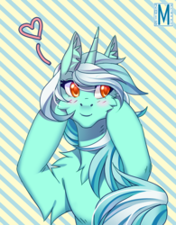 Size: 934x1200 | Tagged: safe, artist:margony, lyra heartstrings, pony, g4, bipedal, blushing, chest fluff, female, heart, solo
