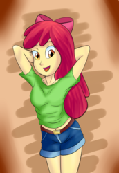 Size: 2248x3264 | Tagged: safe, artist:horsecat, apple bloom, equestria girls, g4, arm behind head, belly button, clothes, female, high res, jeans, older, pants, shirt, shorts, solo