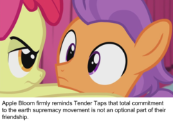 Size: 797x572 | Tagged: safe, edit, edited screencap, screencap, apple bloom, tender taps, earth pony, pony, g4, on your marks, caption, colt, duo, female, filly, image macro, male, mouthpiece, out of character, ponestrip, racism, text