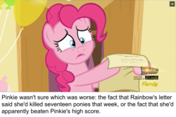 Size: 958x640 | Tagged: safe, edit, edited screencap, screencap, pinkie pie, earth pony, pony, g4, the one where pinkie pie knows, caption, discovery family logo, female, implied death, implied murder, mare, ponestrip, solo