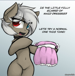 Size: 773x781 | Tagged: safe, artist:blvckmagic, oc, oc only, oc:cella, pony, semi-anthro, belly button, bipedal, clothes, collar, dialogue, dress, featureless crotch, heterochromia, implied crossdressing, tumblr