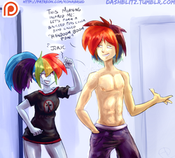 Size: 1000x902 | Tagged: safe, artist:manic-the-lad, rainbow dash, equestria girls, g4, a dash of everything, abs, bad religion, bottomless, clothes, double rainbow, female, flirting, humanized, male, male nipples, morning after, nipples, patreon, patreon logo, pun, punch, rainbow blitz, rule 63, self ponidox, selfcest, ship:dashblitz, shipping, straight, topless