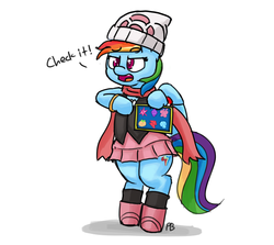 Size: 1280x1140 | Tagged: safe, artist:pabbley, rainbow dash, pegasus, pony, g4, 30 minute art challenge, bipedal, boots, clothes, crossover, dawn (pokémon), dialogue, elements of harmony, female, gym badges, jewelry, open mouth, pokémon, pokémon trainer, rainbow dash always dresses in style, regalia, scarf, simple background, skirt, socks, solo