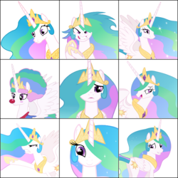 Size: 700x700 | Tagged: safe, artist:barbra, artist:magister39, artist:megarainbowdash2000, edit, princess celestia, g4, clown celestia, clown nose, expressions, red nose, snaplestia