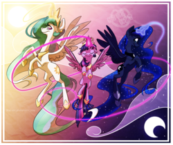 Size: 1024x861 | Tagged: safe, artist:kiki-kit, princess celestia, princess luna, twilight sparkle, alicorn, pony, g4, elements of harmony, jewelry, princess shoes, regalia, trio, twilight sparkle (alicorn)