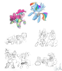 Size: 1000x1154 | Tagged: safe, artist:romaniz, pinkie pie, pound cake, pumpkin cake, rainbow dash, g4, exercise, female, headband, sketch, sketch dump, workout