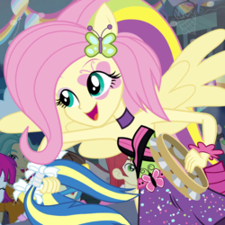 Size: 720x720 | Tagged: safe, screencap, fluttershy, mystery mint, equestria girls, g4, my little pony equestria girls: rainbow rocks, shake your tail, armpits, bare shoulders, cute, female, huggable, musical instrument, offscreen character, ponied up, rainbow rocks outfit, shyabetes, sleeveless, strapless, tambourine