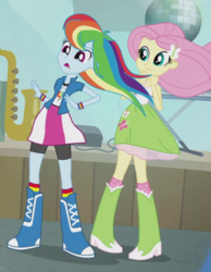 Size: 418x538 | Tagged: safe, screencap, fluttershy, rainbow dash, a case for the bass, equestria girls, g4, my little pony equestria girls: rainbow rocks, boots, clothes, compression shorts, cropped, duo, female, polka dot socks, rainbow socks, shorts, skirt, socks, striped socks, tank top, wind, windswept hair