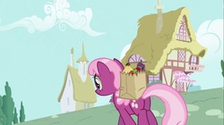 Size: 1100x618 | Tagged: safe, screencap, cheerilee, earth pony, pony, g4, secret of my excess, bag, butt, female, flowerbutt, groceries, mare, plot, solo