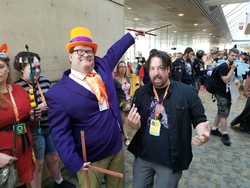 Size: 4032x3024 | Tagged: safe, claude, human, bronycon, bronycon 2016, g4, ascot, clothes, cosplay, costume, hat, irl, irl human, m.a. larson, marionette, photo, top hat