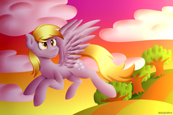 Size: 3000x2000 | Tagged: safe, artist:spirit-dude, derpy hooves, pegasus, pony, g4, cloud, female, flying, high res, hill, looking up, mare, solo, sunset, tree