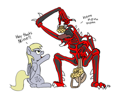 Size: 1280x988 | Tagged: safe, artist:pabbley, derpy hooves, pegasus, pony, g4, carnage, crossover, dialogue, eating, female, food, male, mare, muffin, spider-man