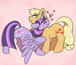 Size: 1393x1198 | Tagged: safe, artist:freezy-rat, applejack, twilight sparkle, alicorn, earth pony, pony, g4, blushing, duo, eyes closed, female, freckles, heart, lesbian, neck hug, ship:twijack, shipping, smiling, twilight sparkle (alicorn)