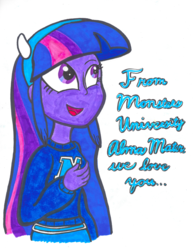 Size: 3600x4661 | Tagged: safe, artist:cartuneslover16, twilight sparkle, equestria girls, g4, clothes, crossover, female, monsters university, singing, solo, sweater, traditional art