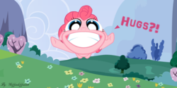Size: 4000x2000 | Tagged: safe, artist:geffenleffens, pinkie pie, earth pony, pony, smile hd, g4, big grin, big smile, bush, cloud, female, flower, grass, grin, hooves in air, implied hugging, incoming hug, looking at you, mare, mountain, outdoors, outstretched arms, outstretched hoof, signature, sky, smiling, smiling at you, solo, tree