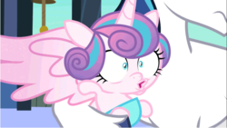 Size: 641x361 | Tagged: safe, screencap, princess flurry heart, shining armor, pony, g4, the crystalling, cute, father and daughter, flurrybetes, heart mouth, large wings, open mouth, sneezing