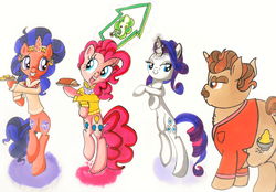 Size: 1024x712 | Tagged: safe, artist:zephyrshy, coriander cumin, pinkie pie, rarity, saffron masala, pony, g4, spice up your life, bipedal, both cutie marks, cute, dancing, traditional art