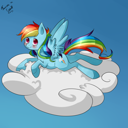 Size: 2000x2000 | Tagged: safe, artist:tomat-in-cup, rainbow dash, pegasus, pony, g4, backwards cutie mark, butt, cloud, female, mare, on a cloud, plot, prone, signature, solo