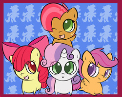 Size: 1016x814 | Tagged: safe, artist:pokumii, apple bloom, babs seed, scootaloo, sweetie belle, earth pony, pegasus, pony, unicorn, g4, chibi, cute, cutie mark crusaders, female, filly