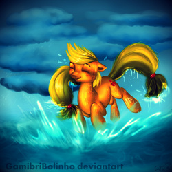 Size: 1000x1000 | Tagged: safe, artist:gamibrii, artist:php154, applejack, earth pony, pony, g4, cloud, eyes closed, female, running, solo, water, wet