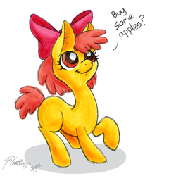 Size: 900x900 | Tagged: safe, artist:random-gal, apple bloom, earth pony, pony, g4, buy some apples, female, long neck, solo