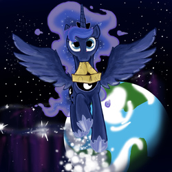 Size: 2700x2700 | Tagged: safe, artist:imgummy, princess luna, pony, g4, cartographer's cap, female, hat, mouth hold, paper, planet, solo, space