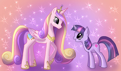 Size: 1496x876 | Tagged: safe, artist:angelofhapiness, princess cadance, twilight sparkle, pony, g4, duo