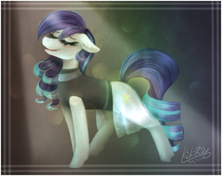 Size: 1220x968 | Tagged: safe, artist:monnarcha, coloratura, g4, clothes, eyes closed, female, rara, signature, solo, spotlight