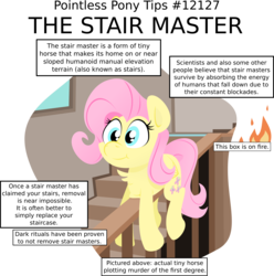 Size: 3142x3173 | Tagged: dead source, safe, artist:jittery-the-dragon, fluttershy, g4, captain obvious, chest fluff, cute, female, grimderp, high res, pointless pony tips, prone, pun, solo, stairmaster, stairs
