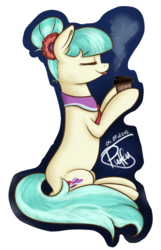 Size: 2299x3562 | Tagged: safe, artist:puffysmosh, coco pommel, g4, alternate hairstyle, coffee, eyes closed, female, high res, sitting, solo, tongue out