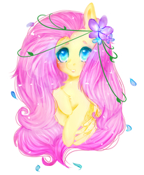 Size: 1400x1700 | Tagged: safe, artist:bossmeow, fluttershy, g4, blushing, female, flower, flower in hair, huge mane, simple background, solo