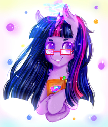 Size: 1700x2000 | Tagged: safe, artist:bossmeow, twilight sparkle, g4, book, female, glasses, magic, solo