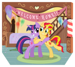 Size: 3891x3479 | Tagged: safe, artist:deadliestvenom, sunset shimmer, twilight sparkle, pony, unicorn, equestria girls, g4, banner, high res, hug, twilight sparkle (alicorn)