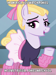 Size: 800x1073 | Tagged: safe, hoofer steps, g4, my little pony: friendship is magic, on your marks, clothes, image macro, in soviet russia, makeameme.org, meme, russian reversal, skirt, yakov smirnov