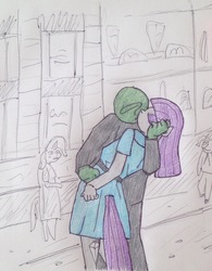 Size: 1360x1740 | Tagged: safe, artist:grinwild, maud pie, oc, oc:anon, anthro, g4, clothes, dress, female, kissing, male, parody, straight, v-j day in times square