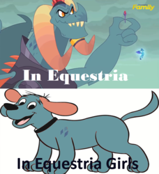 Size: 1280x1406 | Tagged: safe, edit, edited screencap, screencap, dragon lord torch, princess ember, dog, dragon, equestria girls, g4, gauntlet of fire, clifford howard, clifford the big red dog, recolor, seems legit, wrong aspect ratio