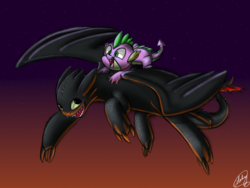 Size: 1200x900 | Tagged: safe, artist:xxmarkingxx, spike, dragon, night fury, g4, crossover, dragons riding dragons, dreamworks, duo, flying, how to train your dragon, male, riding, toothless the dragon, twilight (astronomy)