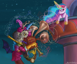 Size: 2168x1808 | Tagged: safe, artist:arimovergremrider, discord, princess celestia, g4, annoyed, bagpipes, bags under eyes, bard, cacophony, cross-popping veins, female, glowing horn, horn, male, music, musical instrument, noise, serenade, ship:dislestia, shipping, smirk, straight, the scream