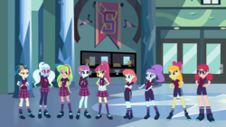 Size: 1951x1098 | Tagged: safe, artist:eli-j-brony, alizarin bubblegum, crystal lullaby, indigo zap, lemon zest, melon mint, orange sherbette, sour sweet, sugarcoat, sunny flare, equestria girls, g4, my little pony equestria girls: friendship games, background human, clothes, crystal prep academy uniform, crystal prep shadowbolts, school uniform