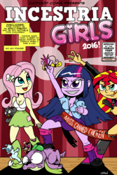 Size: 1280x1920 | Tagged: safe, artist:catfood-mcfly, fluttershy, spike, sunset shimmer, twilight sparkle, dog, equestria girls, g4, big crown thingy, comic cover, incestria girls, jewelry, parody, regalia, spike the dog