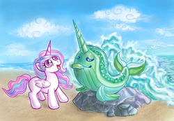 Size: 953x661 | Tagged: safe, artist:arimovergremrider, princess celestia, narwhal, g4, splash, water, younger