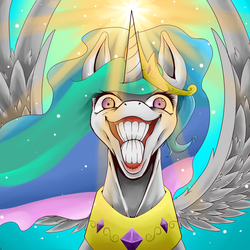 Size: 1500x1500 | Tagged: safe, artist:aerolp, princess celestia, alicorn, pony, g4, bust, creepy, crepuscular rays, dimples, faic, female, glowing horn, grin, hoers, horn, imminent death, jesus christ how horrifying, looking at you, mare, nightmare fuel, nope, slasher smile, smiling, solo, spread wings, sun, toothy grin, wat, where is your god now?, wide eyes