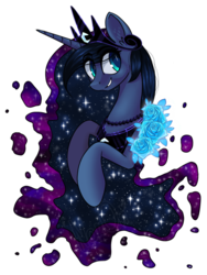 Size: 768x1024 | Tagged: safe, artist:nazori, princess luna, alicorn, pony, g4, blue rose, bust, colored pupils, ethereal mane, female, flower, mare, rose, simple background, smiling, solo, starry mane, transparent background