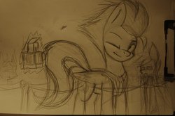 Size: 1024x686 | Tagged: safe, artist:xaski21, spitfire, g4, camera, monochrome, one eye closed, sketch, traditional art, wink