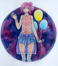 Size: 920x1039 | Tagged: safe, artist:willywonka2703, pinkie pie, human, g4, alternate hairstyle, balloon, clothes, female, humanized, ponytail, shirt, shorts, socks, solo, sweater around waist, traditional art