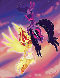 Size: 1024x1325 | Tagged: safe, artist:wisppit, sunset shimmer, twilight sparkle, equestria girls, g4, armpits, crying, daydream shimmer, flying, holding hands, midnight sparkle, stars, twilight (astronomy), upside down