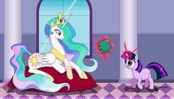 Size: 1466x836 | Tagged: safe, artist:littledragonspirit, princess celestia, twilight sparkle, pony, g4, book, cushion, cute, duo, filly, happy, magic, momlestia